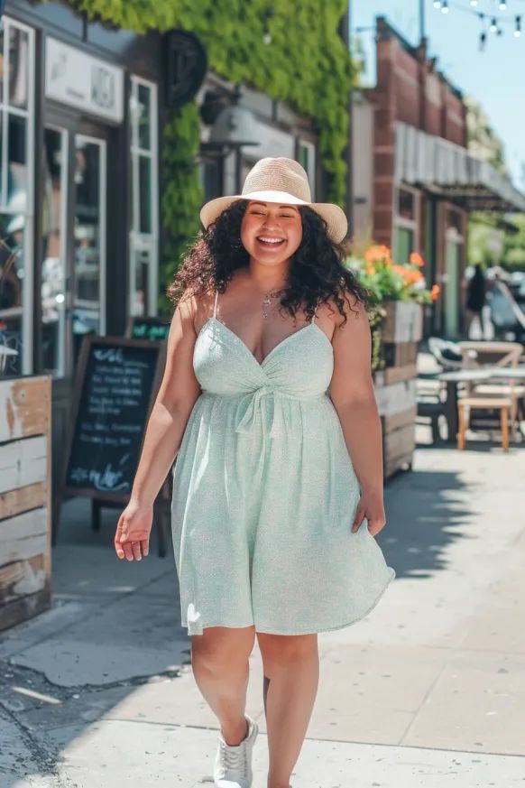 Summer Outfits That Beat the Heat featuring a plus-size woman in a flowy white sundress and sun hat
