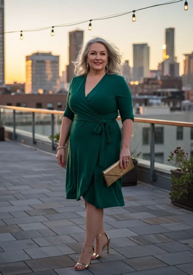 Plus size woman wearing a flattering wrap midi dress with block heels and a structured handbag.
