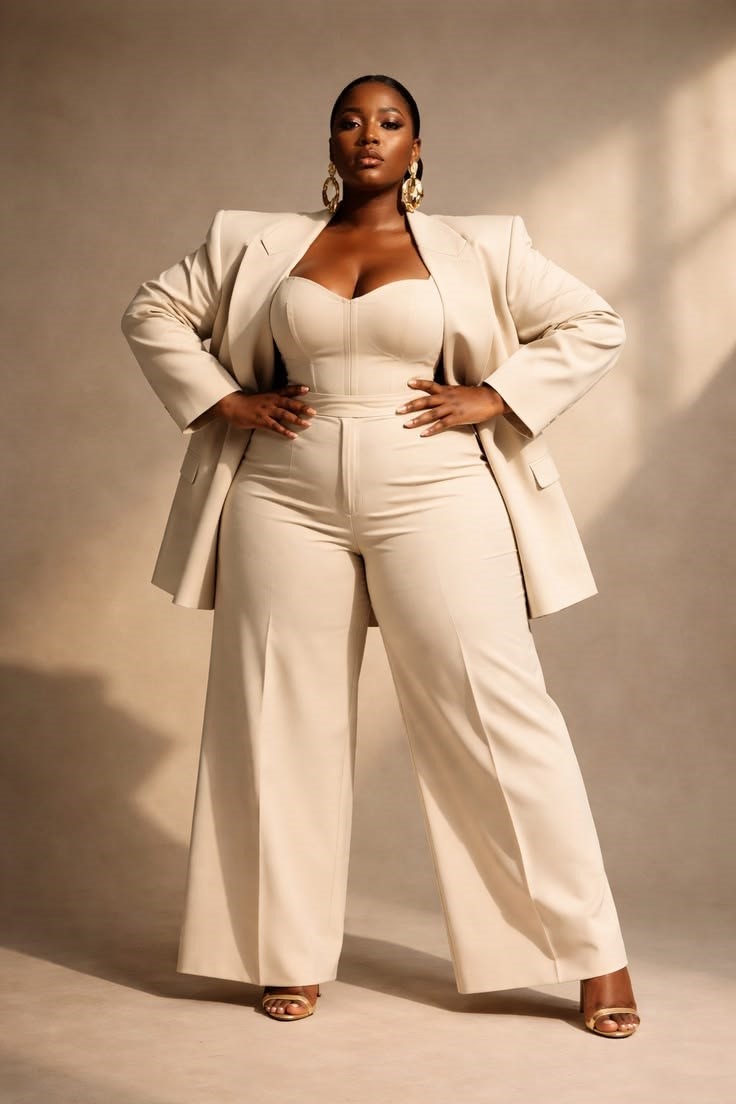 Elegant plus size woman wearing a neutral blazer and wide-leg trousers for an expensive-looking outfit on a budget.