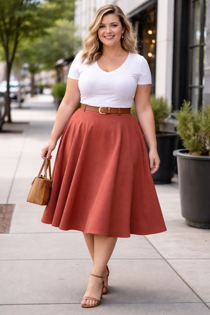 Plus size woman wearing an A-line midi skirt with a fitted knit top and nude heels.