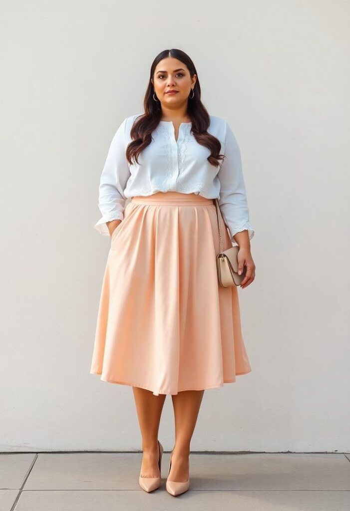 Curvy woman wearing an A-line midi skirt with a tucked-in blouse for work