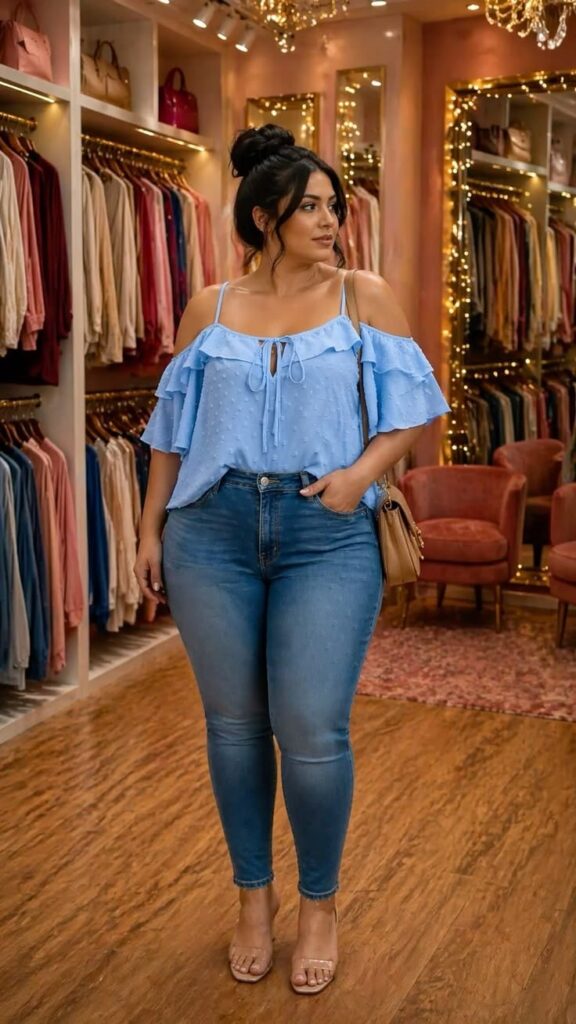 Plus-size woman shopping for stylish and affordable clothing in a fashion boutique.