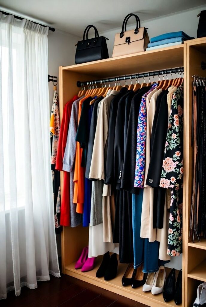 Organized wardrobe with versatile clothing essentials for building an affordable and stylish plus-size wardrobe.