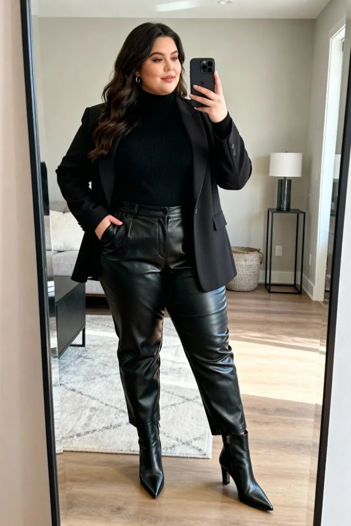 Plus size woman wearing an elegant all-black outfit with faux leather pants and ankle boots.