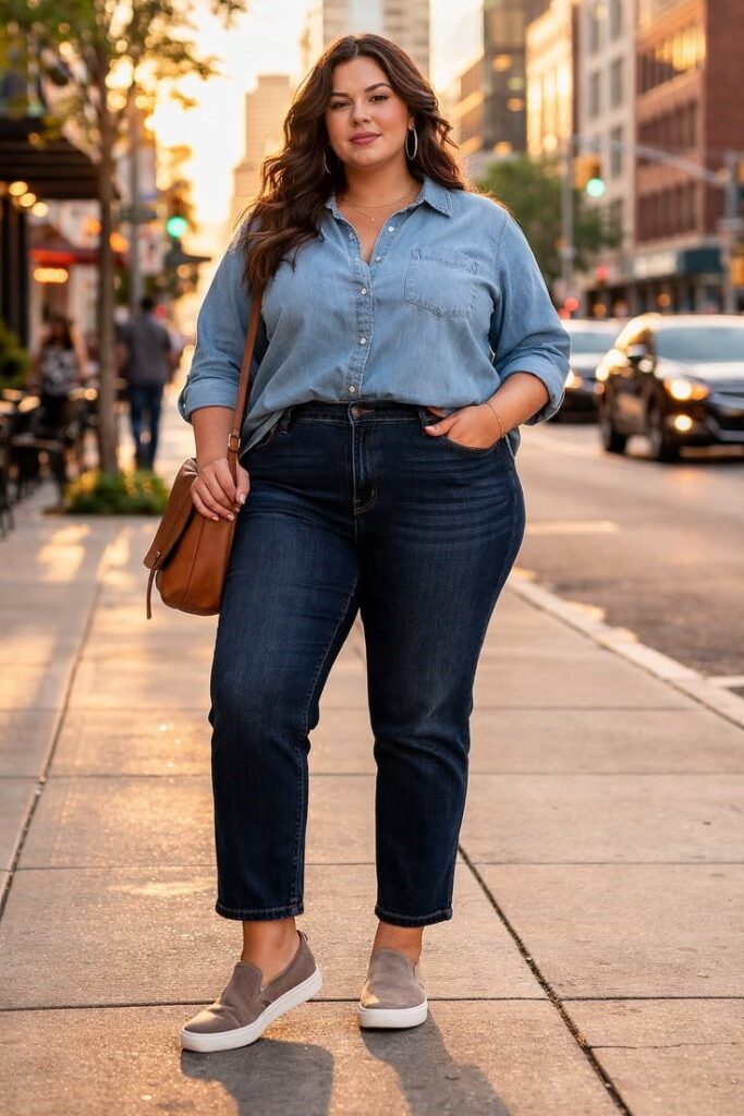 Stylish plus size woman wearing a trendy all-denim outfit with matching jeans and a denim shirt.