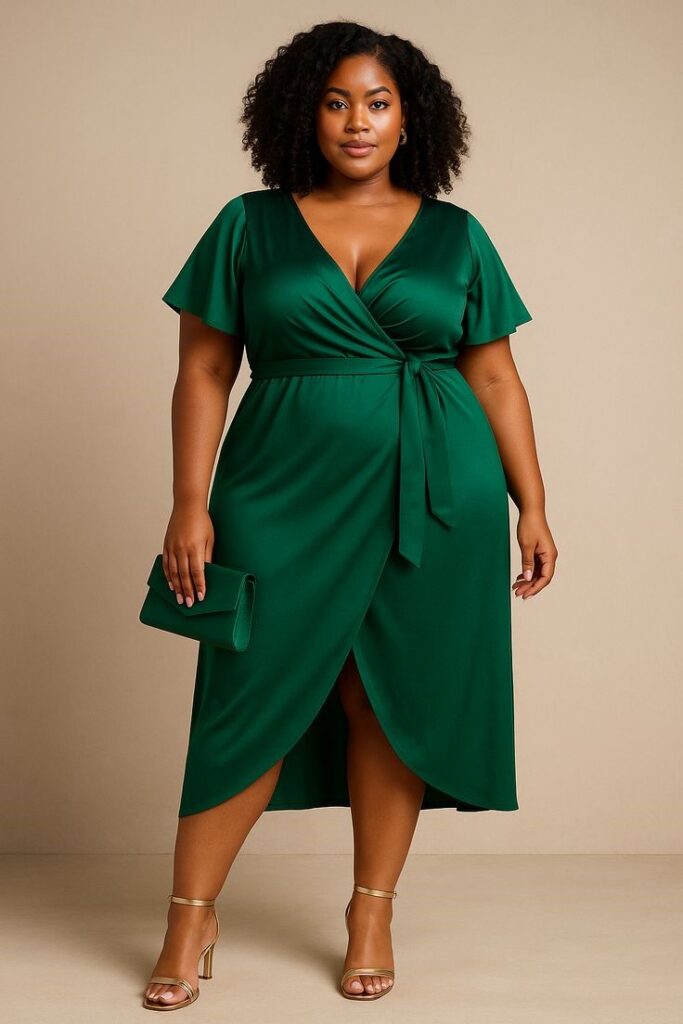 Apple-shaped plus-size woman wearing a flattering wrap dress.