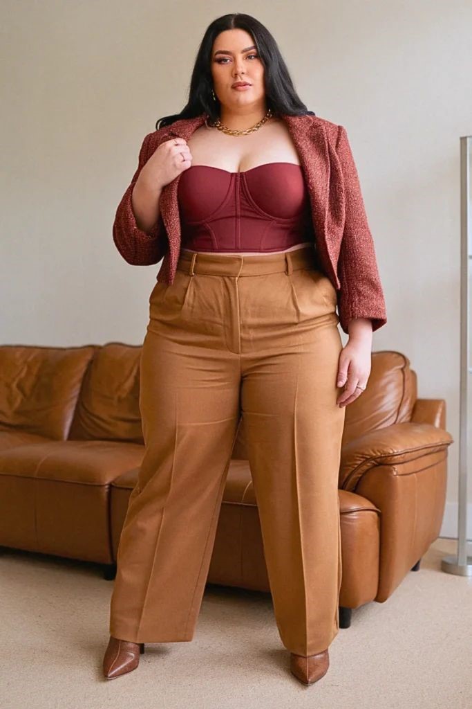 Plus-size woman wearing a structured blazer and wide-leg trousers to create a balanced silhouette
