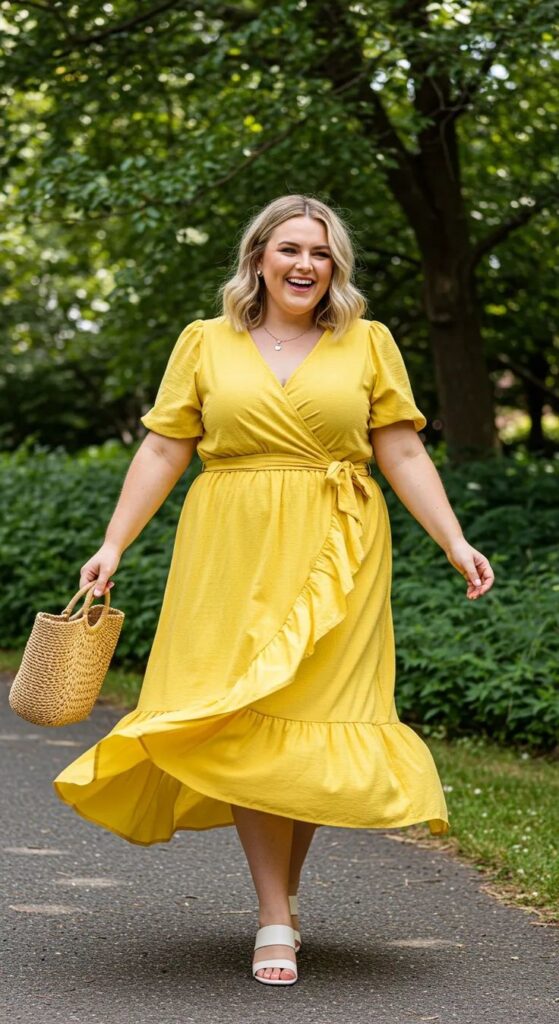 Plus size woman wearing a belted flowing maxi dress with wedge sandals.