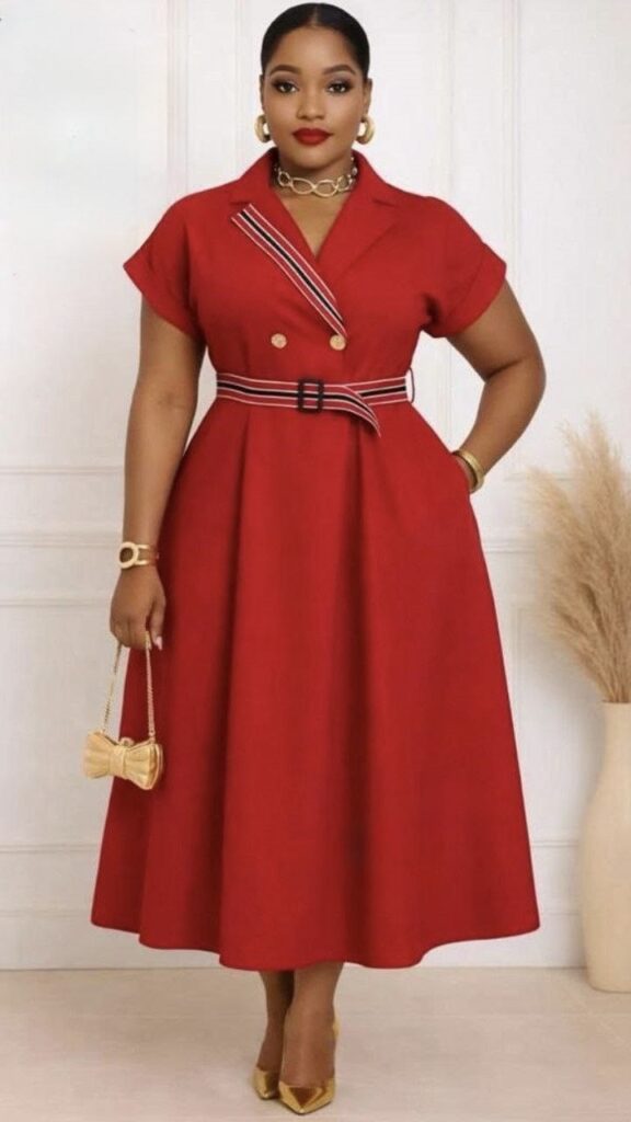 Curvy woman wearing a belted midi dress with a defined waist.