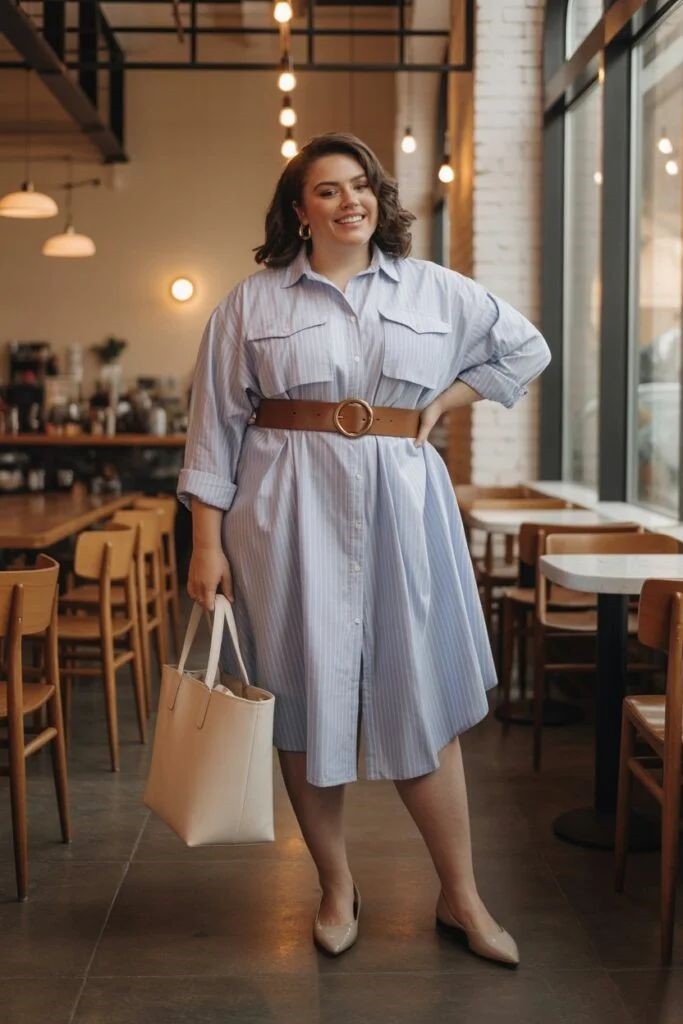 Plus size woman wearing a belted shirt dress with loafers and a structured handbag.