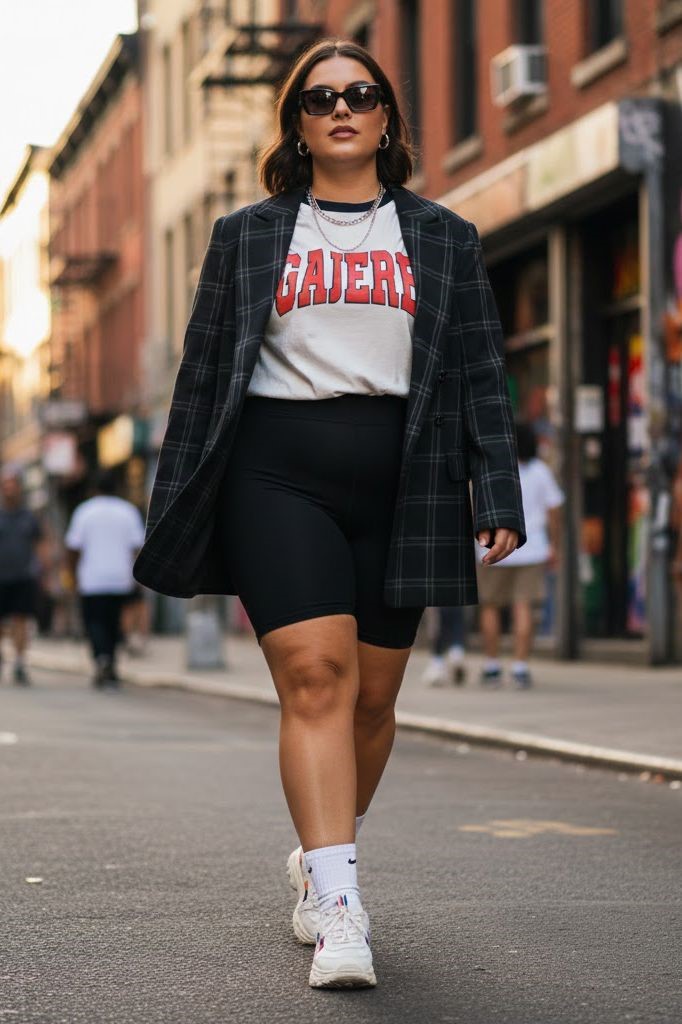 Plus-size woman wearing biker shorts, a graphic T-shirt, and a denim jacket.