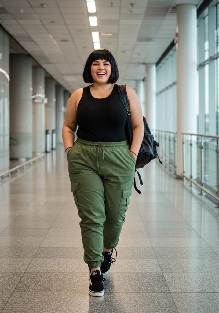 Plus size weekend outfit with a black tank top and cargo pants
