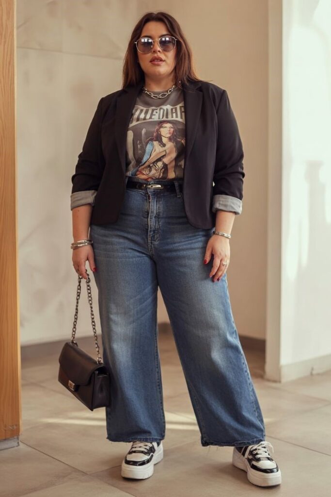Plus size woman wearing a blazer over a graphic T-shirt and jeans.