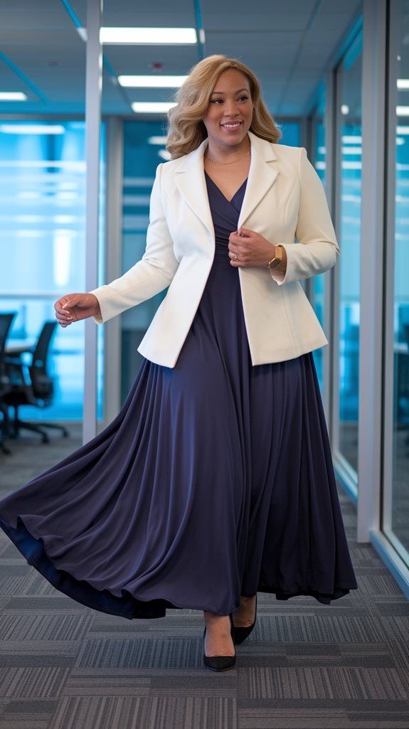 Plus size woman styling a tailored blazer over a midi dress for an elegant outfit.