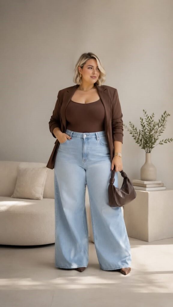 Plus size woman wearing a bodysuit with wide-leg trousers for a cute weekend outfit