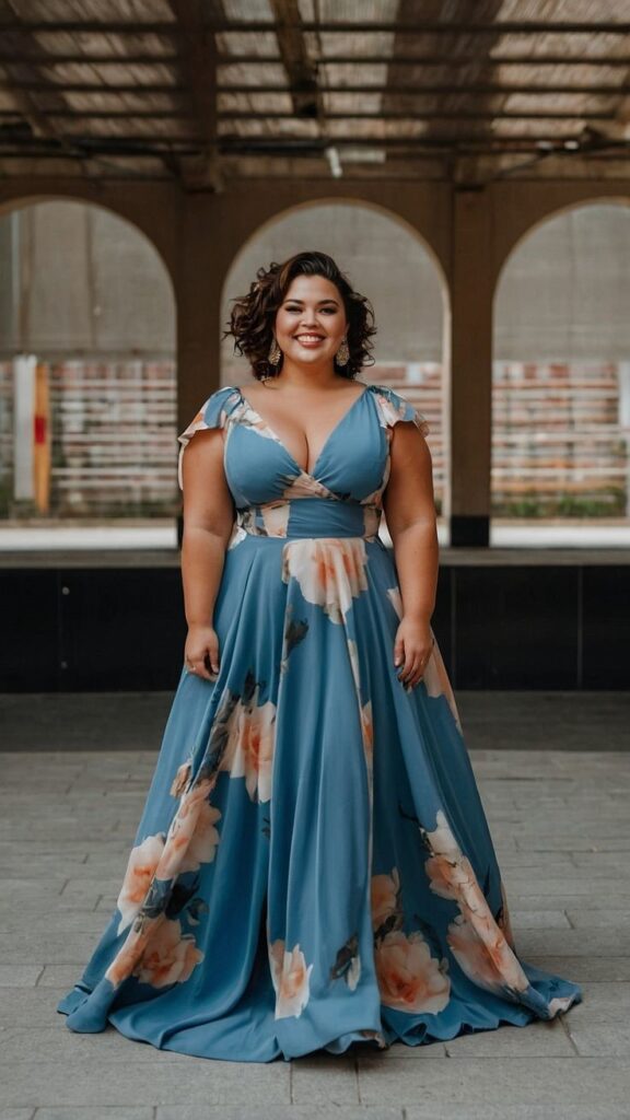 Plus-size woman wearing a bold floral print dress