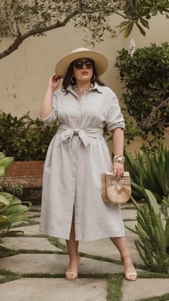 Plus size woman wearing a belted button-front midi dress for a chic everyday look.