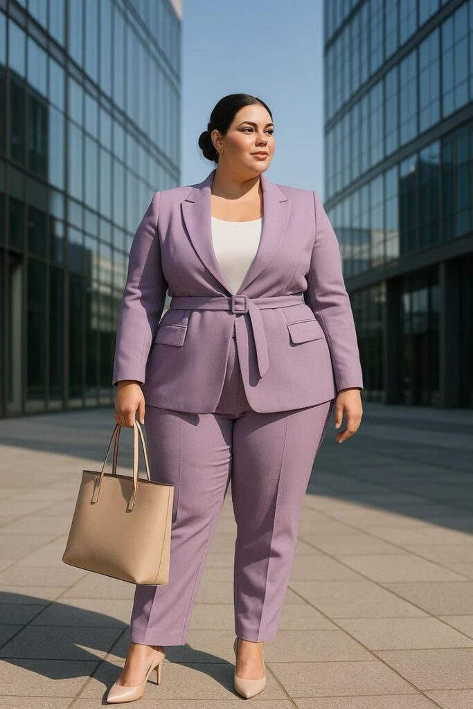 Plus-size woman confidently walking in a tailored lavender pantsuit, showing how confidence and good posture create a polished everyday look.