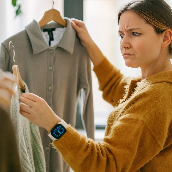 Woman checking the fabric quality of a sweater before buying it