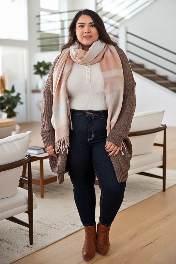 Plus size woman wearing a layered winter outfit while learning common winter layering mistakes