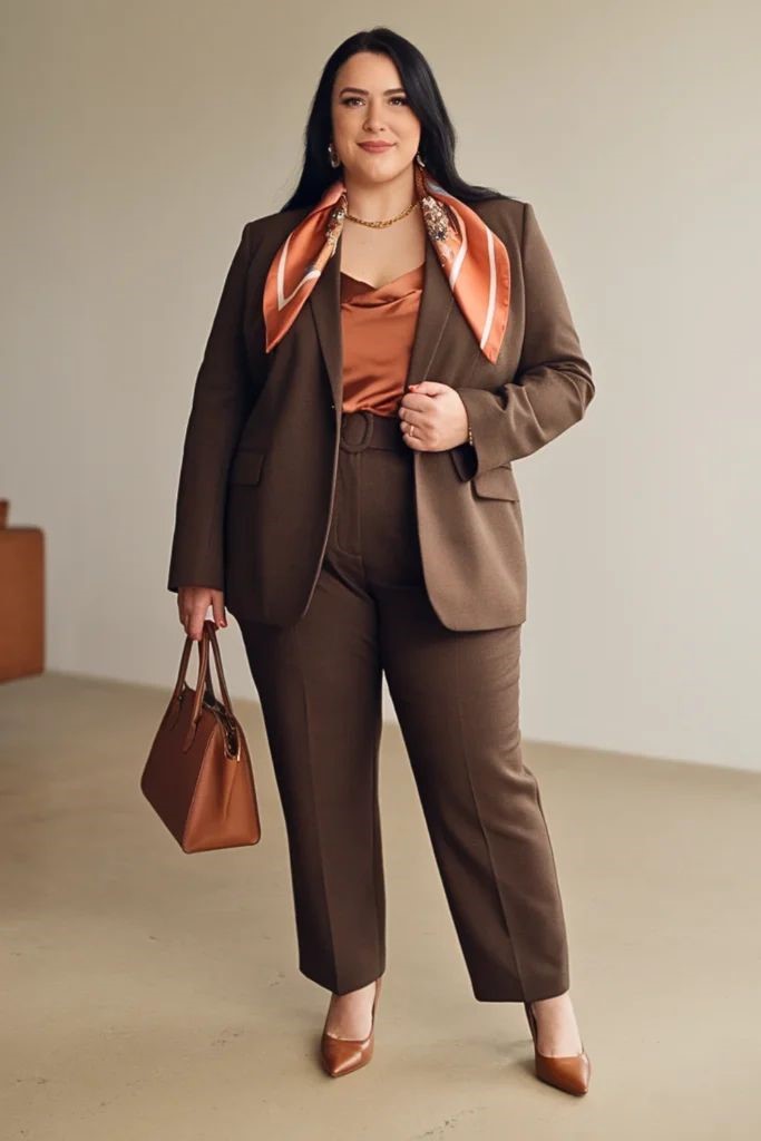 Confident plus size woman wearing a timeless neutral outfit with a blazer and tailored trousers.