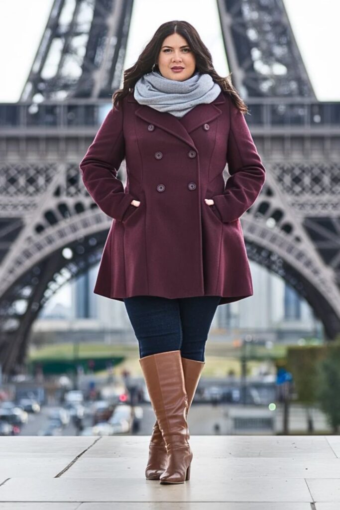 Confident plus size woman wearing a stylish layered winter outfit outdoors
