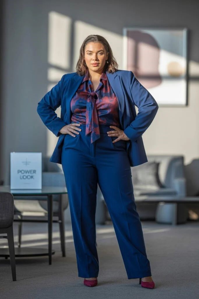 Confident plus-size woman wearing a blue tailored pantsuit with a printed blouse for a professional office look