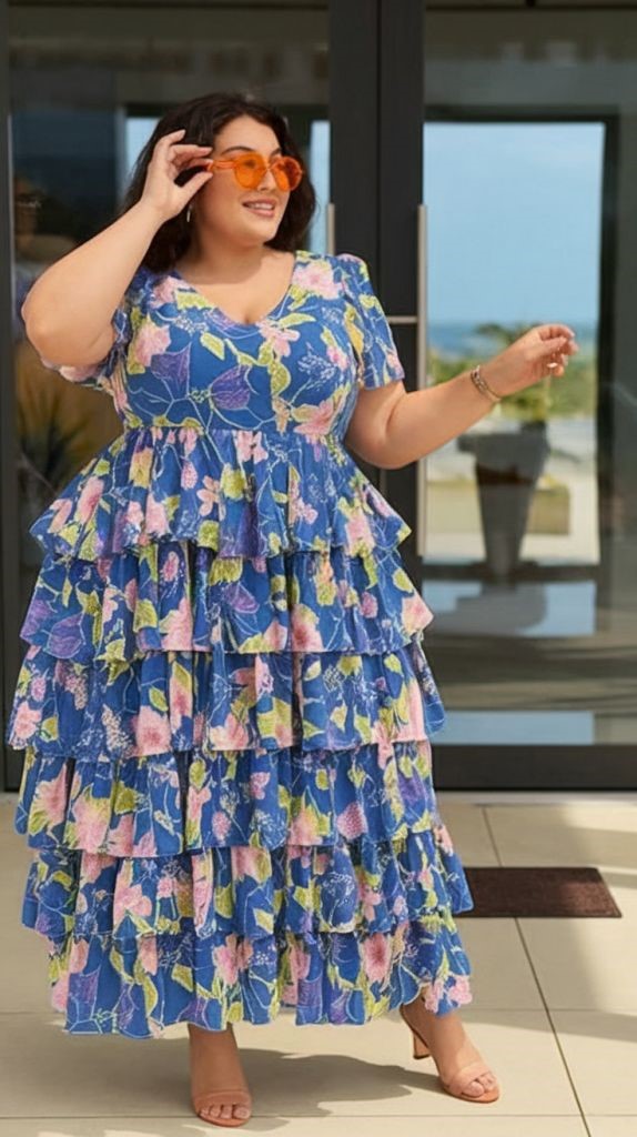 Confident plus size woman wearing a flattering maxi dress outdoors.