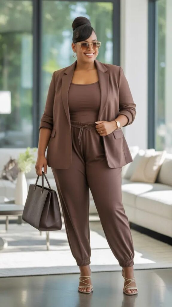 Confident plus-size woman wearing a stylish neutral outfit with a tailored blazer and jogger pants to showcase effortless everyday fashion
