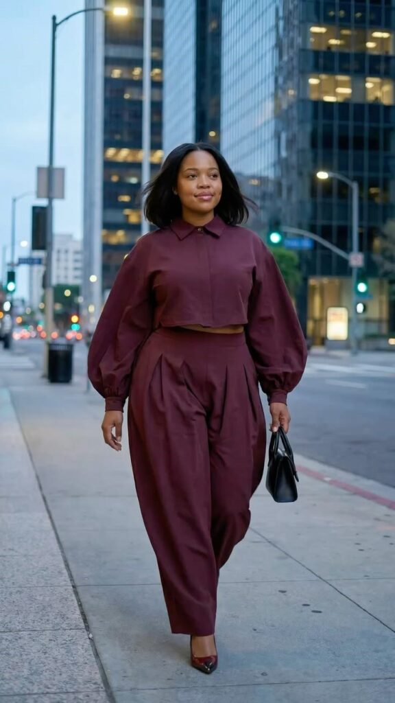 Plus-size woman wearing a burgundy matching set with wide-leg trousers and a cropped blouse for a polished city look.