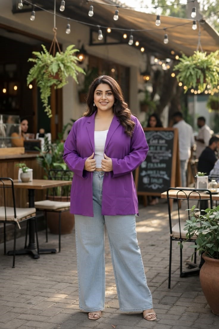 Confident plus size woman smiling while walking in a stylish everyday outfit.