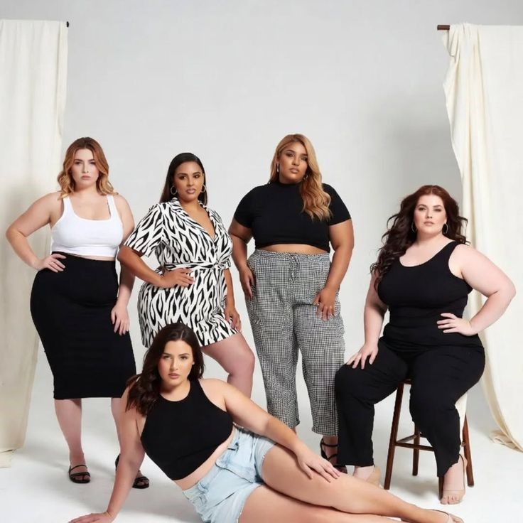 Five confident plus-size women wearing stylish everyday outfits, celebrating different body shapes and modern fashion