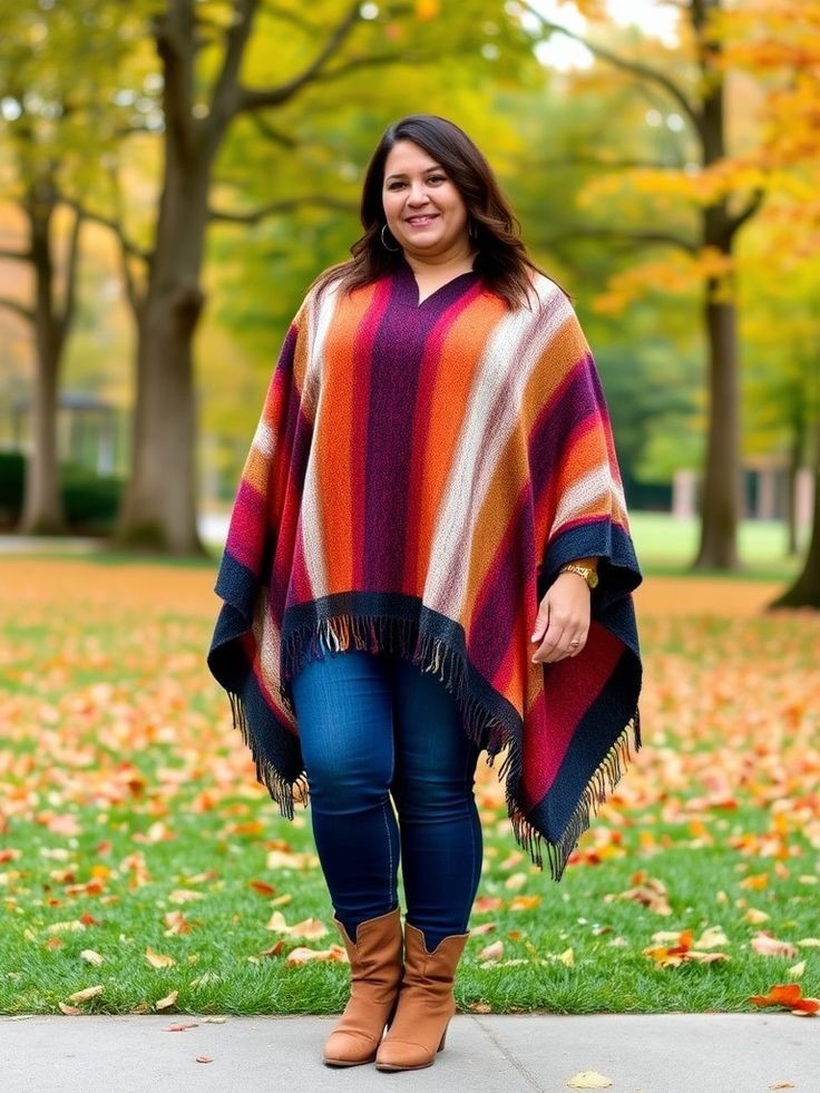 Woman wearing a cozy poncho with skinny jeans and ankle boots for a stylish fall outfit idea.
