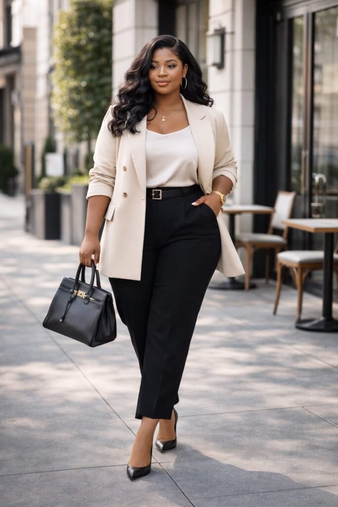 Plus-size woman wearing a cream blazer, white blouse, and black tailored trousers, demonstrating a timeless color combination for a polished everyday look
