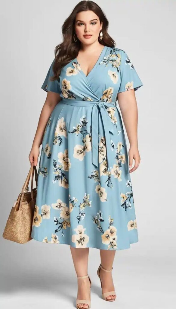 Elegant blue floral wrap midi dress for curvy women.