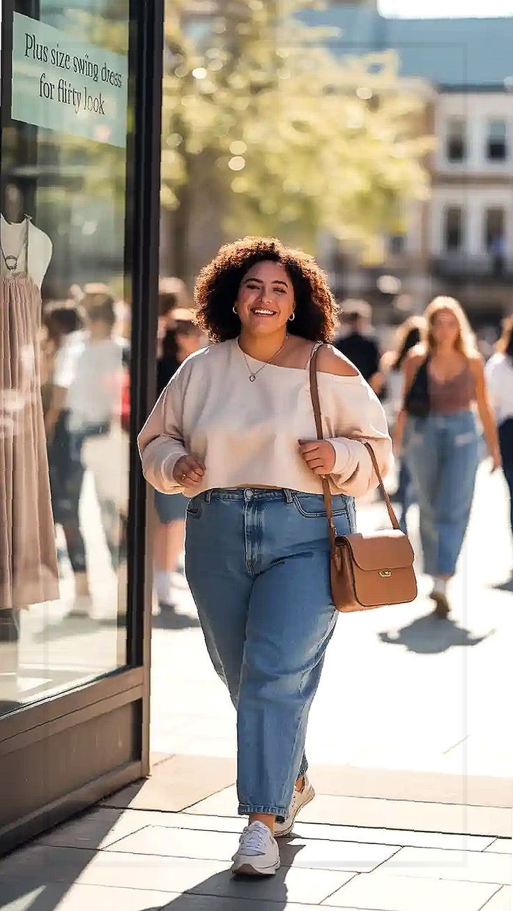 Cute plus size weekend outfit idea with wide-leg jeans, a white T-shirt, and sneakers