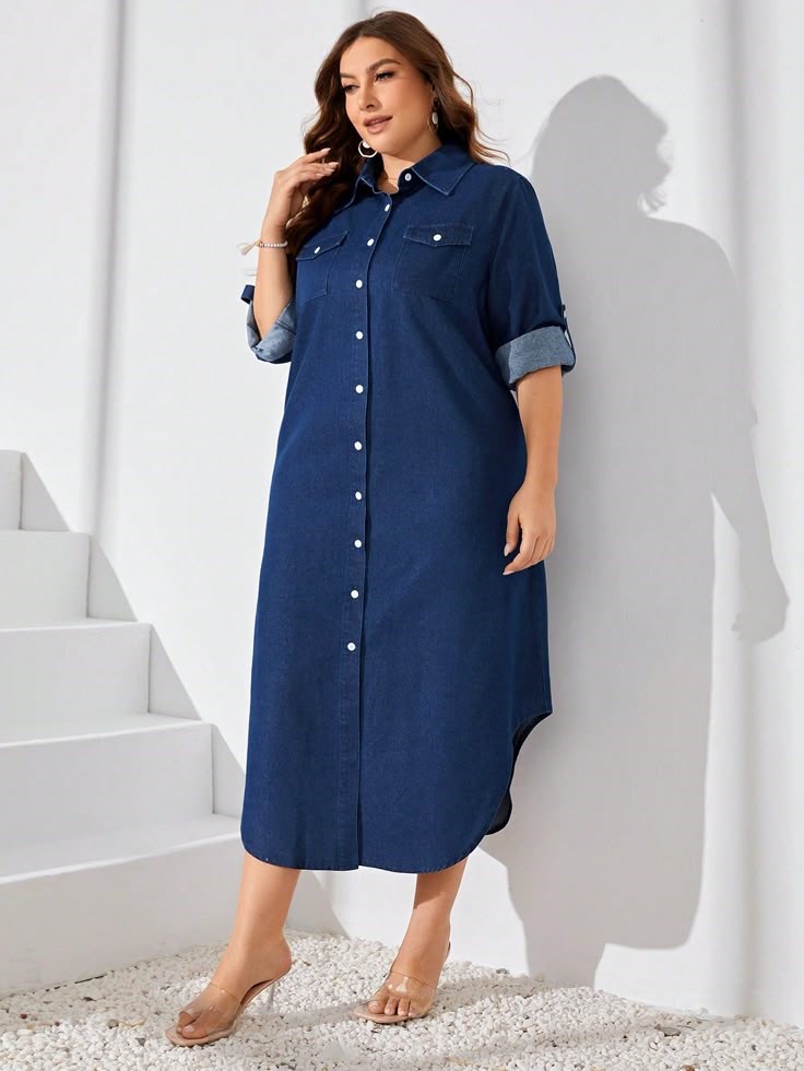 Curvy woman wearing a casual denim midi dress with heels