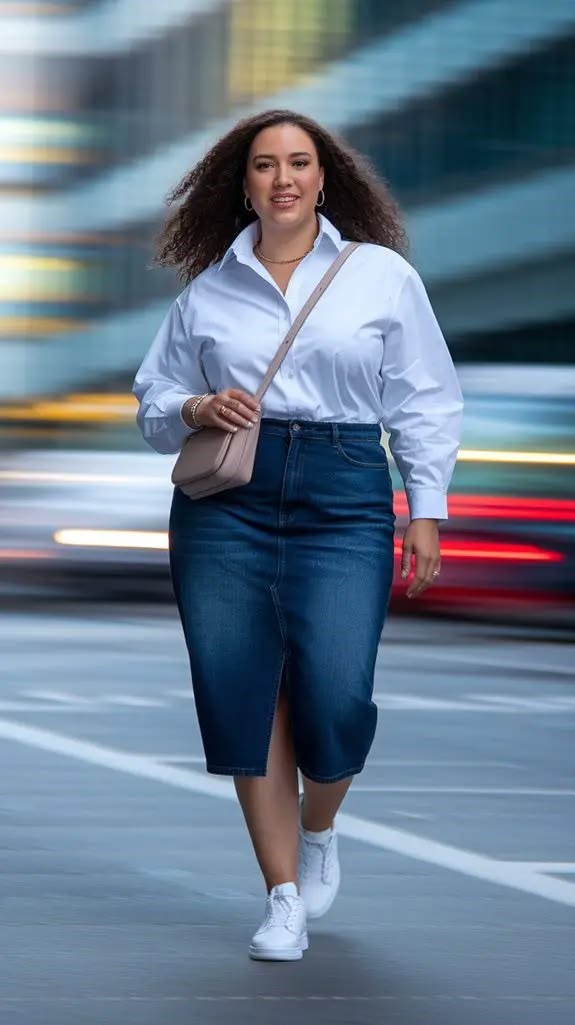 Plus size woman wearing a denim midi skirt with a relaxed white button-up shirt and white sneakers.