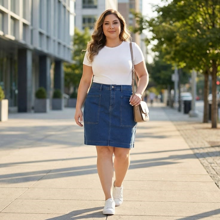 Plus size woman wearing a denim midi skirt with a tucked-in T-shirt for a casual chic look.