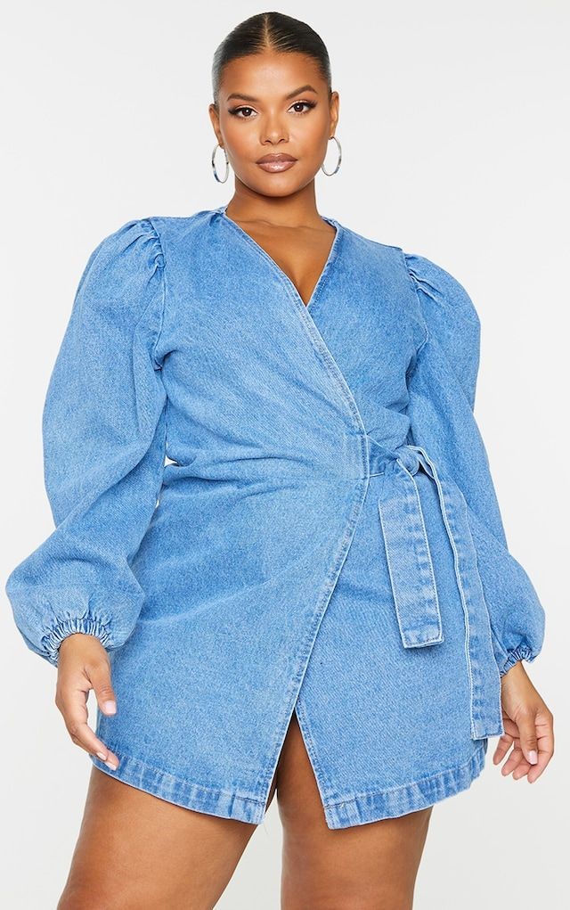 Curvy woman wearing a casual denim wrap dress