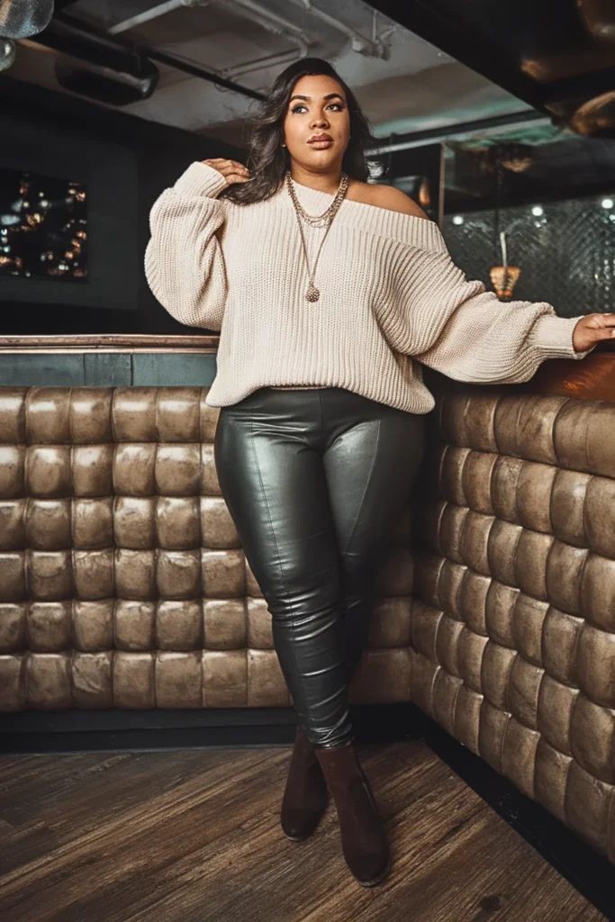 Plus size woman wearing faux leather pants with a cozy knit sweater and ankle boots.