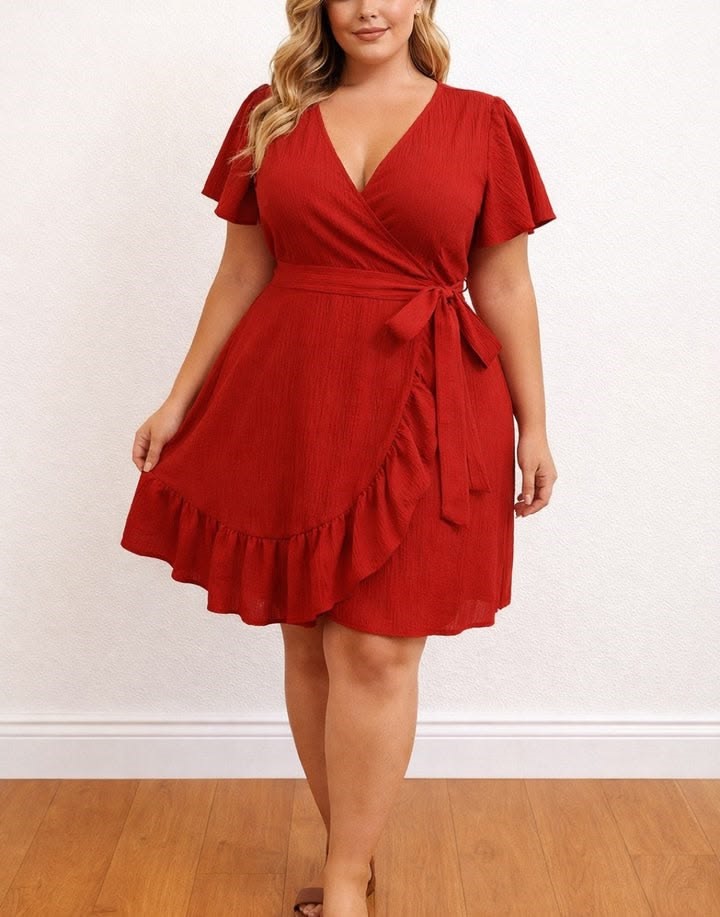 Curvy woman wearing a flattering faux wrap dress  with a V neckline for everyday style.