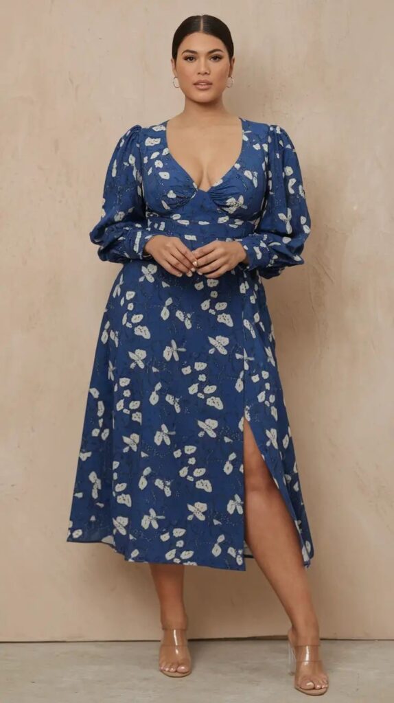 Curvy woman wearing an elegant floral midi dress in a spring garden.