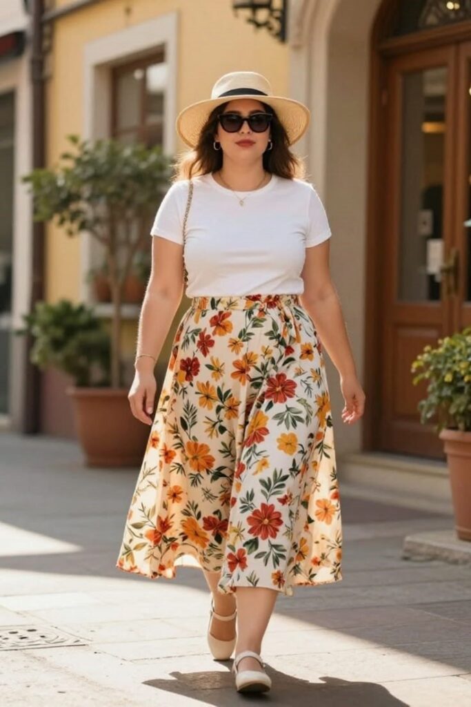 Plus-size woman wearing a floral midi skirt with a basic white T-shirt.