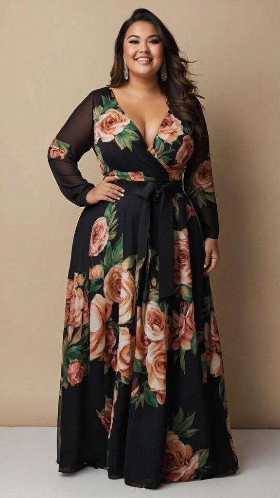 Curvy woman wearing a floral wrap dress 