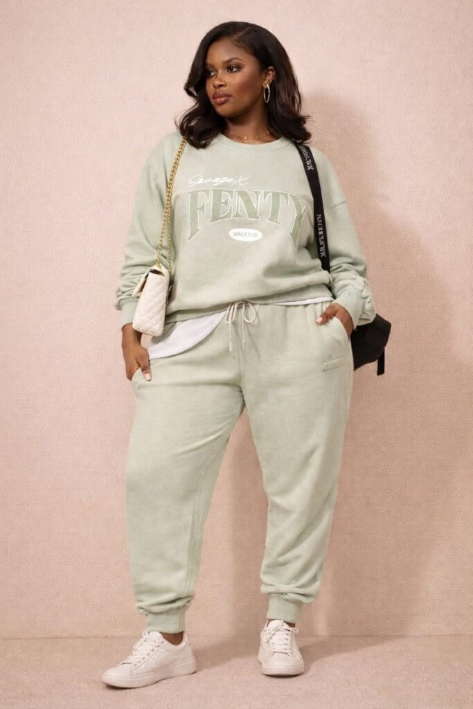 comfortable plus size weekend outfit with a graphic sweatshirt and joggers