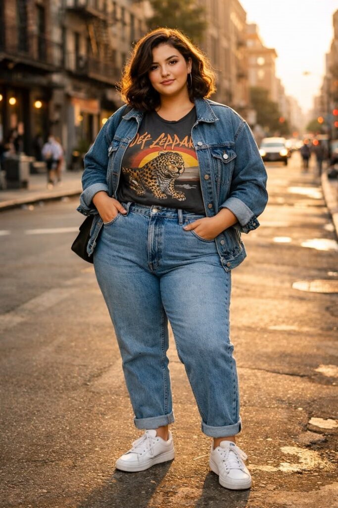 Plus-size woman wearing a graphic tee, mom jeans, and a denim jacket