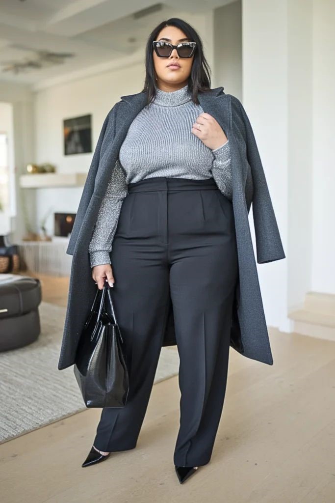 Plus-size woman wearing a gray turtleneck sweater with a matching long coat, black trousers, and black accessories for a polished neutral outfit.