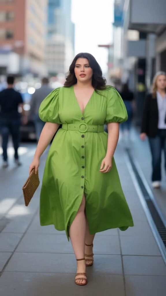 Plus-size woman wearing a bright green belted midi dress, showing that flattering style depends on fit and silhouette rather than color.