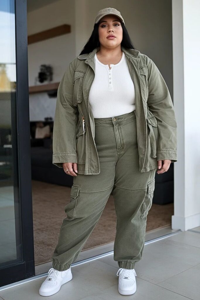 Woman wearing a white Henley top with olive cargo pants for a casual fall outfit idea.